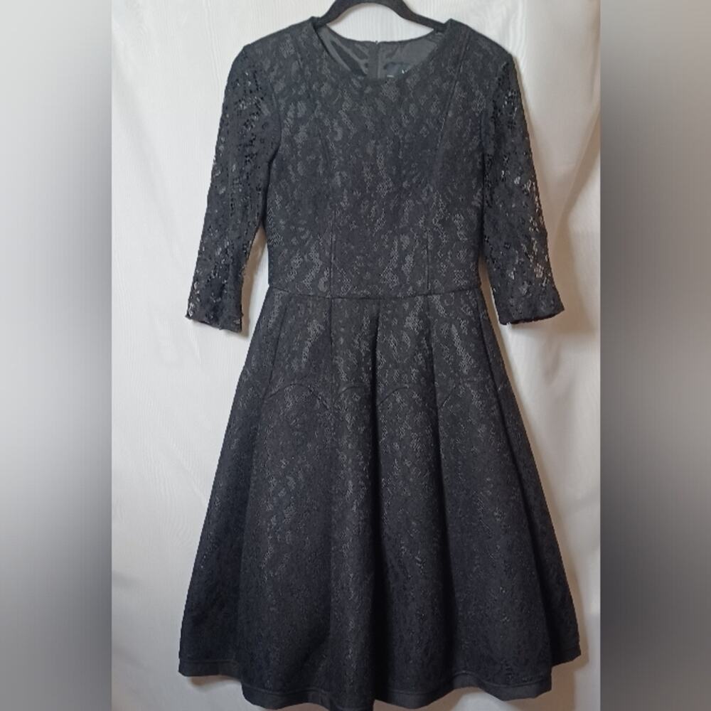 NISSA Black Lace Flare Midi Dress With 3/4 Sleeve. Size 8